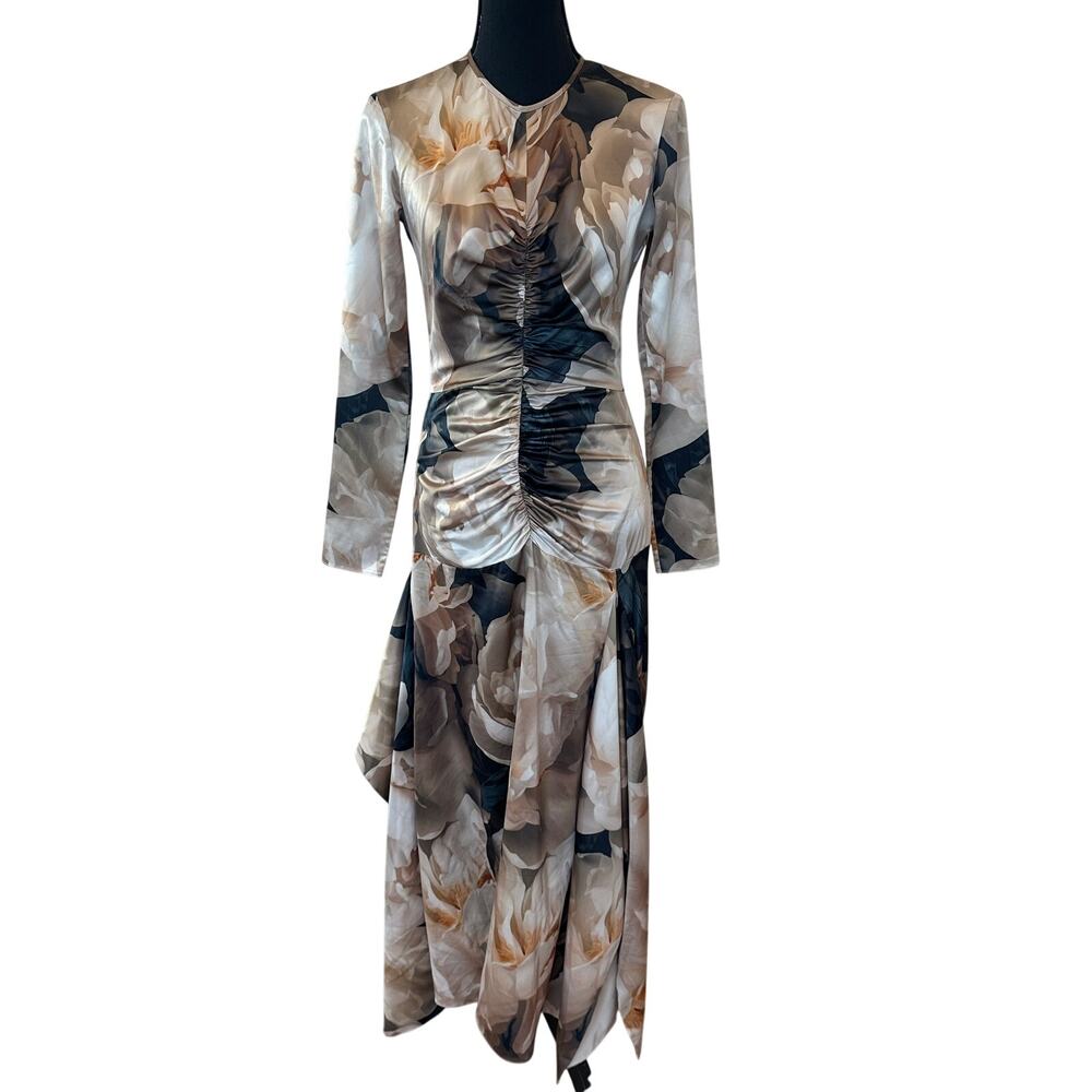 AKNVAS Beige Bold Floral Mesh Gown SIZE 4 Ruched Maxi Dress Party Designer $900 - Picture 8 of 13